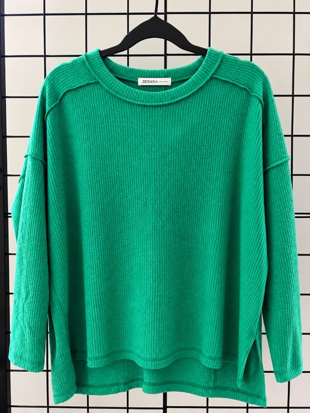 Zenana Kelly Green Ribbed Oversized Long Sleeve Top